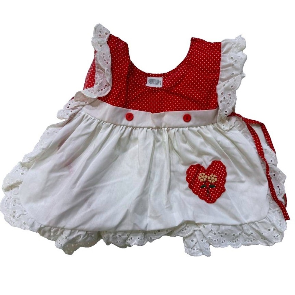 Vintage 70s Sears Dress Girls 24 Mo Red White Polka Dot‎ Heart Lace Trim Toddler